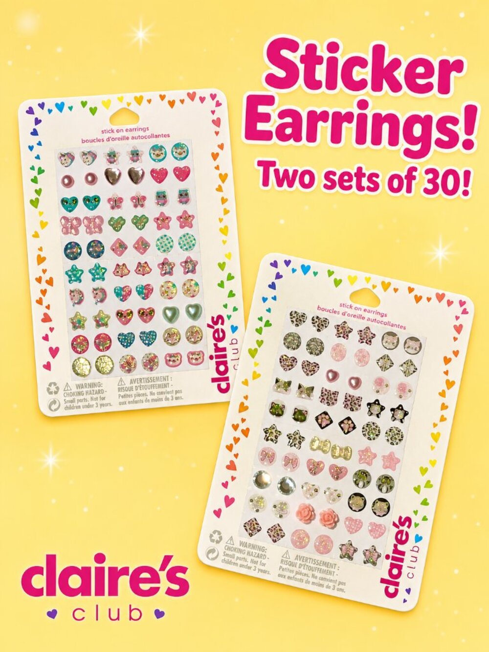 Claire’s Stick-On Earrings Bundle | 2 Packs | Cats, Unicorns, Hearts & Animal Pr